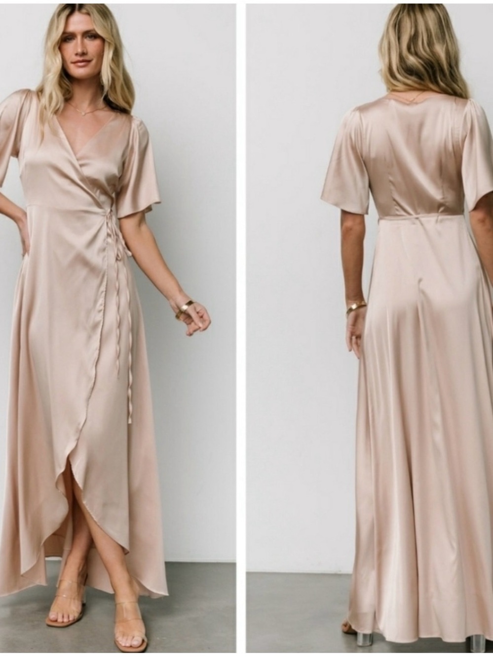 Baltic Born Champagne Satin Wrap Maxi Dress